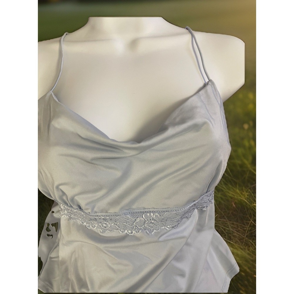 Fairy Women Sz L Light Blue Camisole Tank Top Lace Trim Stretch Straps Coquette